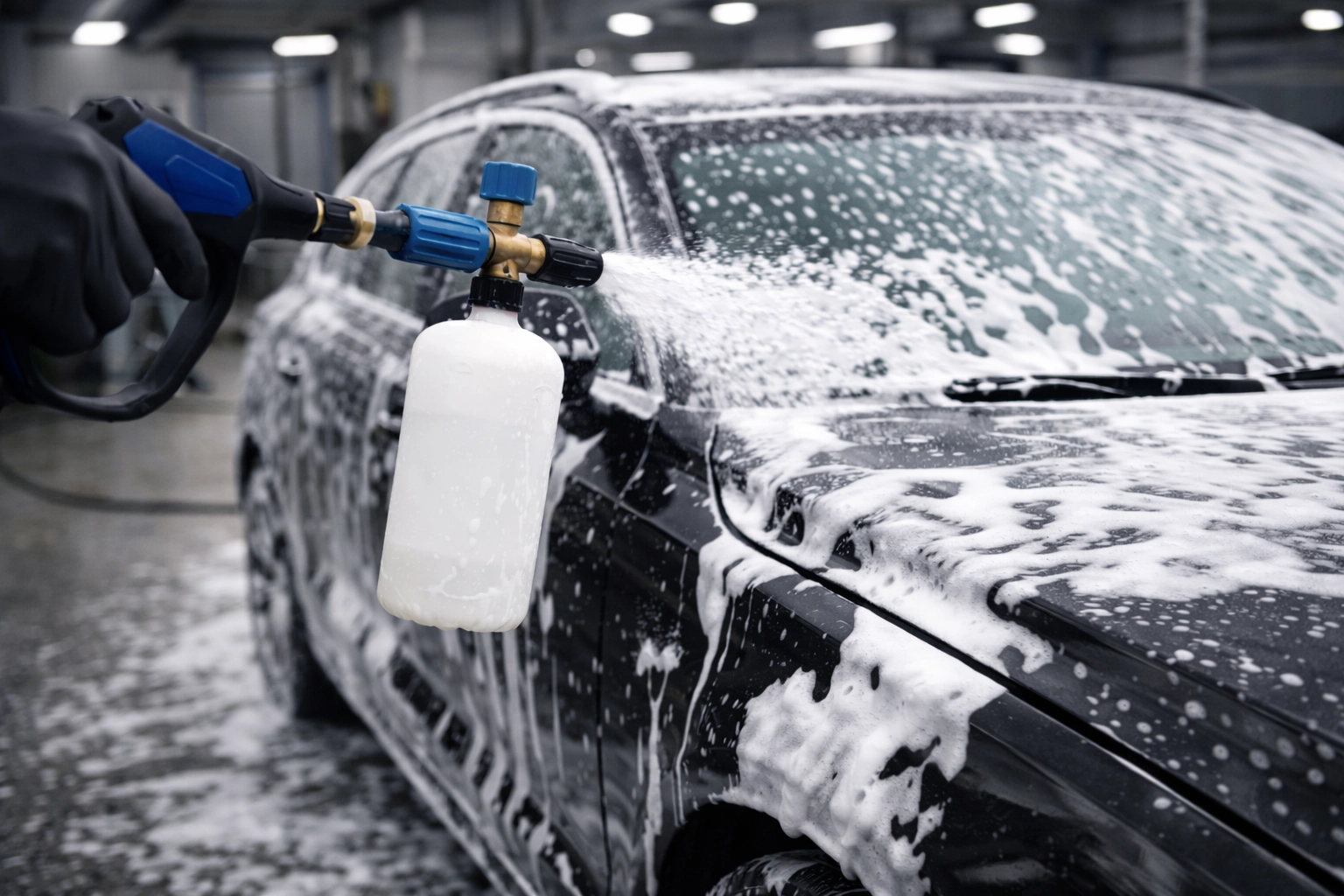 svart bil som tvättas utvändigt